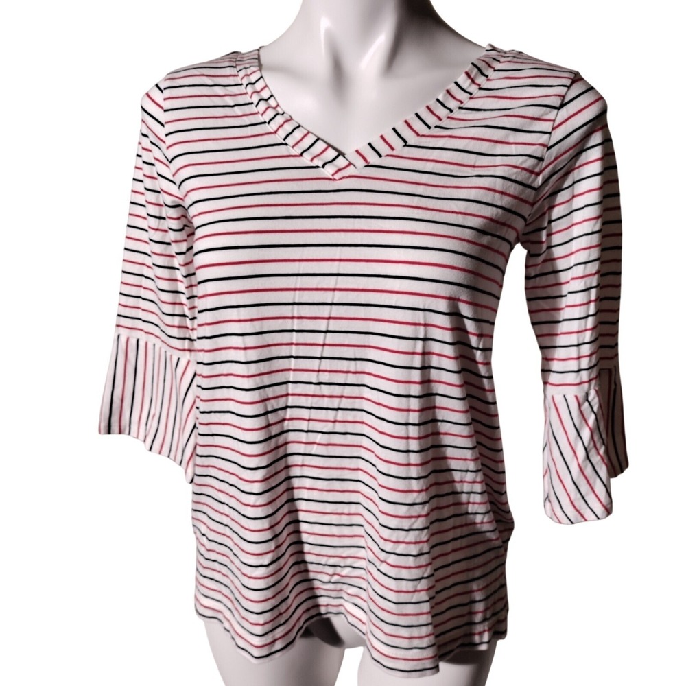 J Jill Womens Top Size XS White Red Striped V-Neck 3/4 Bell Sleeve Tee Soft